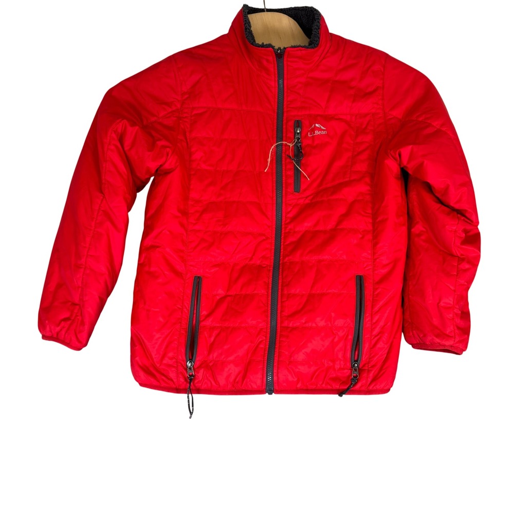 LL Bean Reversible Quilted Puffer and Sherpa Fleece Jacket Red Grey Kids XL
